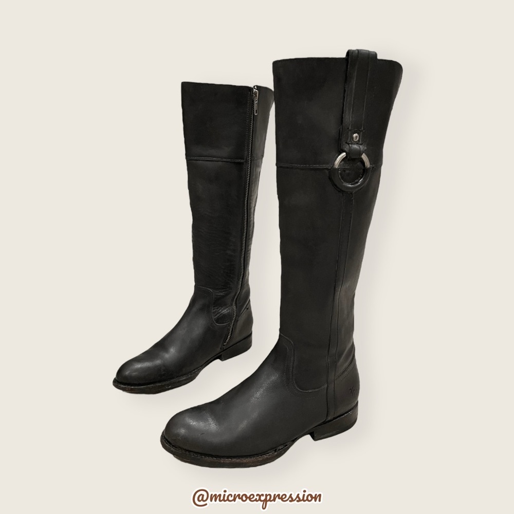 $389 Frye Jamie Ring Tall Distressed Stone Black Leather Knee High Zip Up Boot - Picture 9 of 14